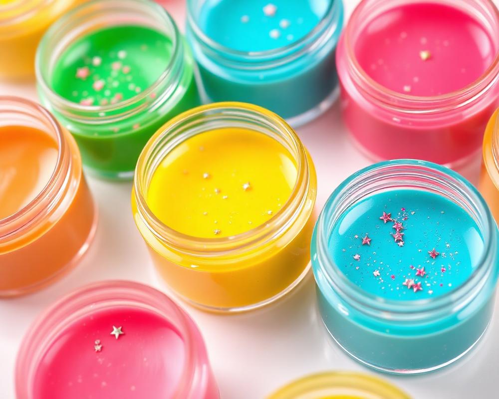 Close-up of pastel and vibrant slime jars with tiny star charms and glitter